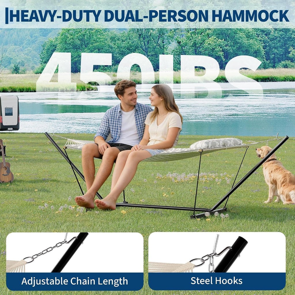 GarveeHome Double Hammock with Heavy-Duty Steel Stand, 2 Person Portable Hammock, 450LBS Max Weight Capacity, Easy Assembly, Ideal for Indoor, Backyard, Camping & Outdoor Use
