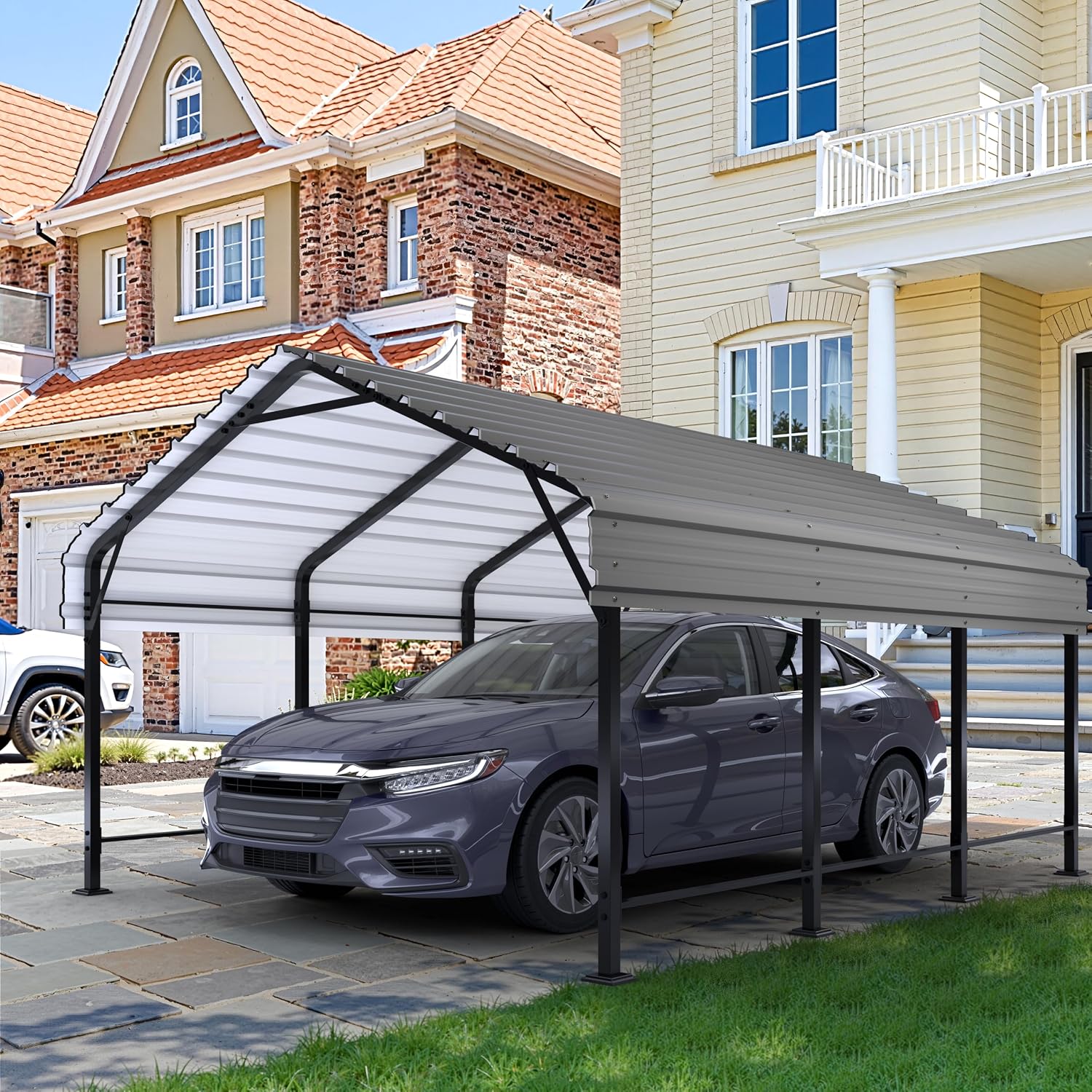 JAMFLY Carport, Heavy Duty Carport Canopy with Galvanized Steel Roof and Frame, Metal Car Garage Upgraded Extra Large Garage for Pickup, Boat, Car and Tractors, 12x15FT Grey