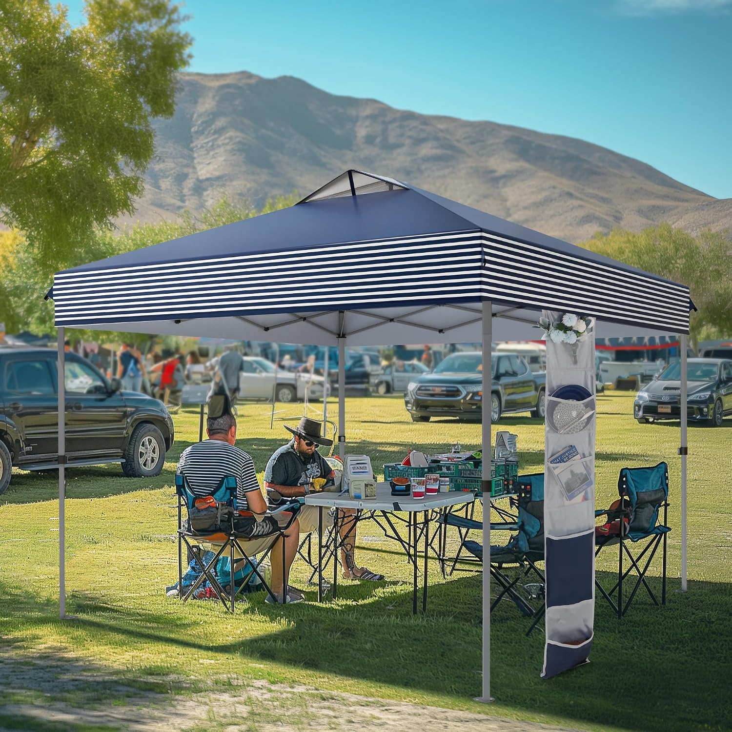 MFSTUDIO Pop Up Canopy Tent, 10x10 Outdoor Canopies One Person Push Set Up Tent Instant Portable Shelter Tents with Vented Top, Storage, 4 Sandbags, Beach Canopy,Blue Stripe