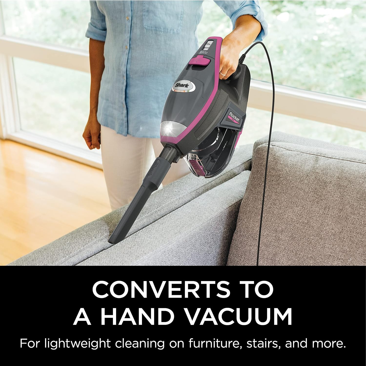 Shark HV371 Rocket Pro DLX Corded Stick, Removable Hand Vacuum, Advanced Swivel Steering, XL Cup, Crevice Tool, Upholstery Tool & Anti-Allergen Dust Brush (Fuchsia) (Renewed)