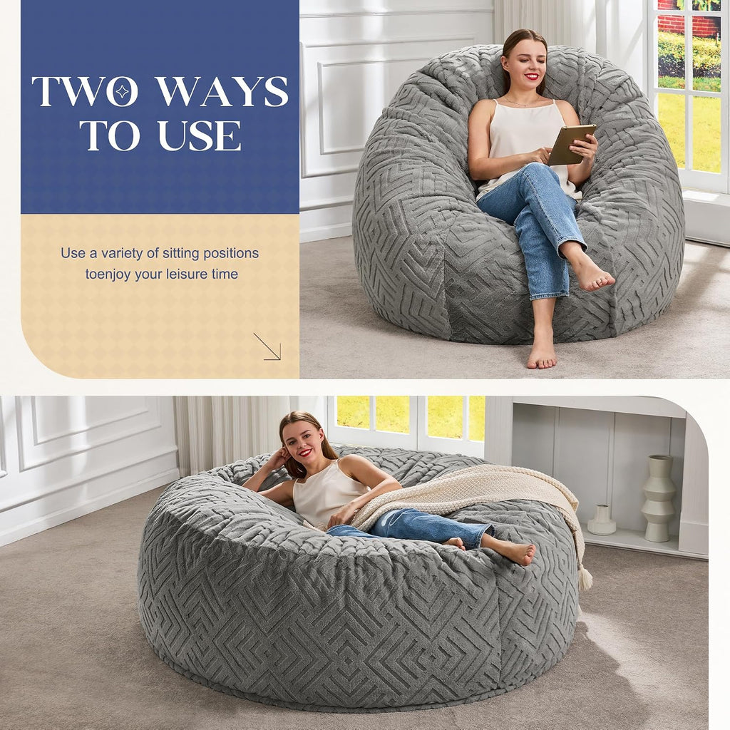 Hobestluk Bean Bag Chairs Adults Beanbag Chair with Filler Large Bean Bags with Fluffy Embossed Cover, Giant Bean Bag Chairs for Adults (Grey, 5FT - 50' x 50' x 24')