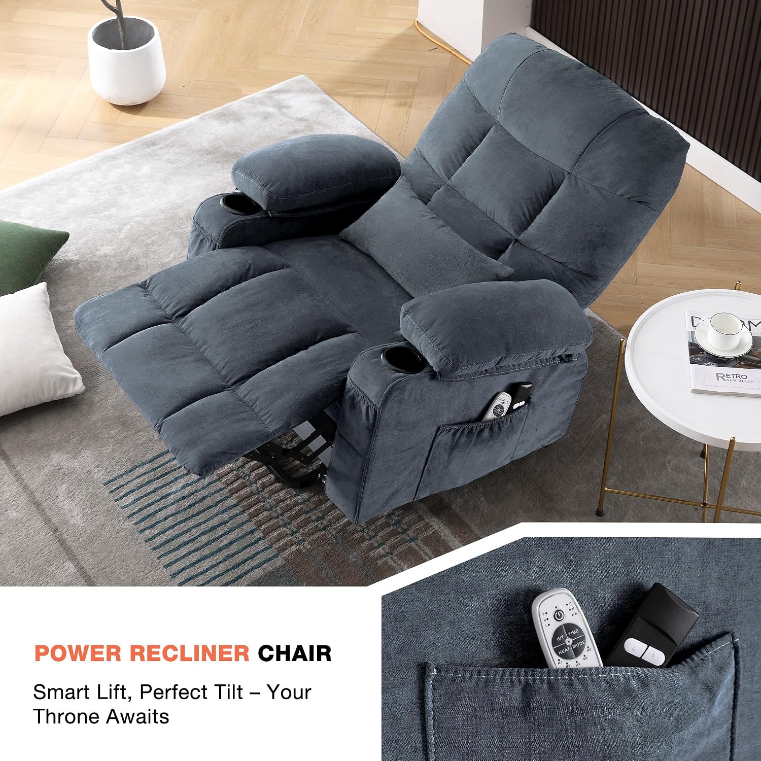 MAHOMICO Power Lift Recliner Chair for Elderly with Vibration Massage and Lumbar Heating, Electric Lift Recliner Single Sofa with Side Pocket, Two Cup Holders and USB Charge Port for Living Room