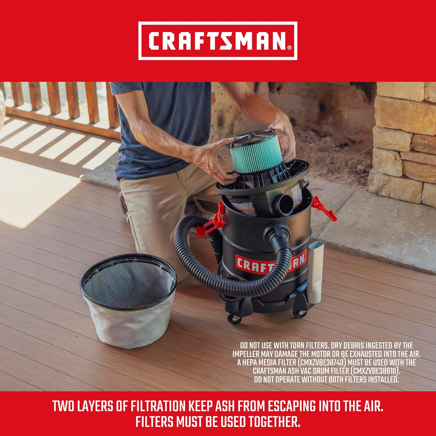 CRAFTSMAN CMXEVBE17050 5 Gallon 7.8 Amp Ash and Grilling Vacuum, Portable Dry Only Shop Vacuum with Drum Filter, Cartridge Filter, Hose and Attachments for Cool/Dry Ash Cleaning