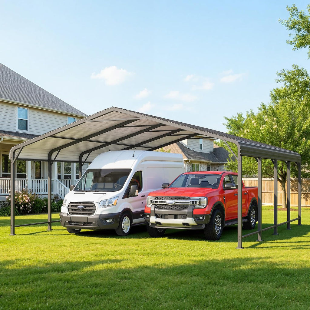 20x20 FT Car Port, Metal Carport for 2 Cars, Heavy Duty Canopy Carport with Updated Roof & Enhanced Base, Garage Vertaile Carports for RV Car, Truck, Boat, Tractors, Party, Grey