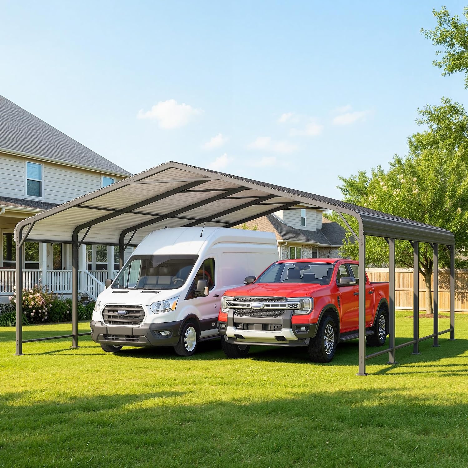 20x20 FT Car Port, Metal Carport for 2 Cars, Heavy Duty Canopy Carport with Updated Roof & Enhanced Base, Garage Vertaile Carports for RV Car, Truck, Boat, Tractors, Party, Grey