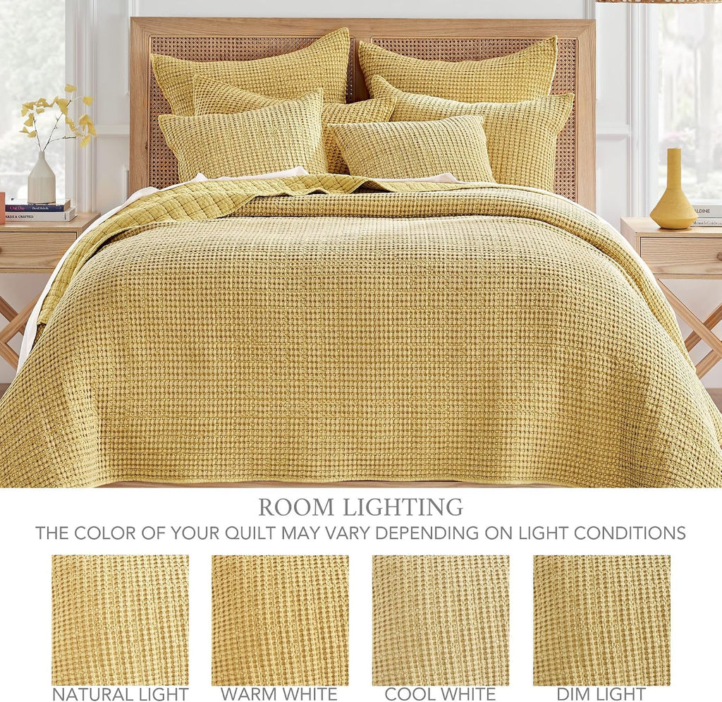 Levtex Home Mills Waffle King Bedspread Set (122x106in) with 2 Pillow Shams (36x20in) - Ochre - Cotton Waffle King Size Bedspread Set - Soft, Pre-Washed