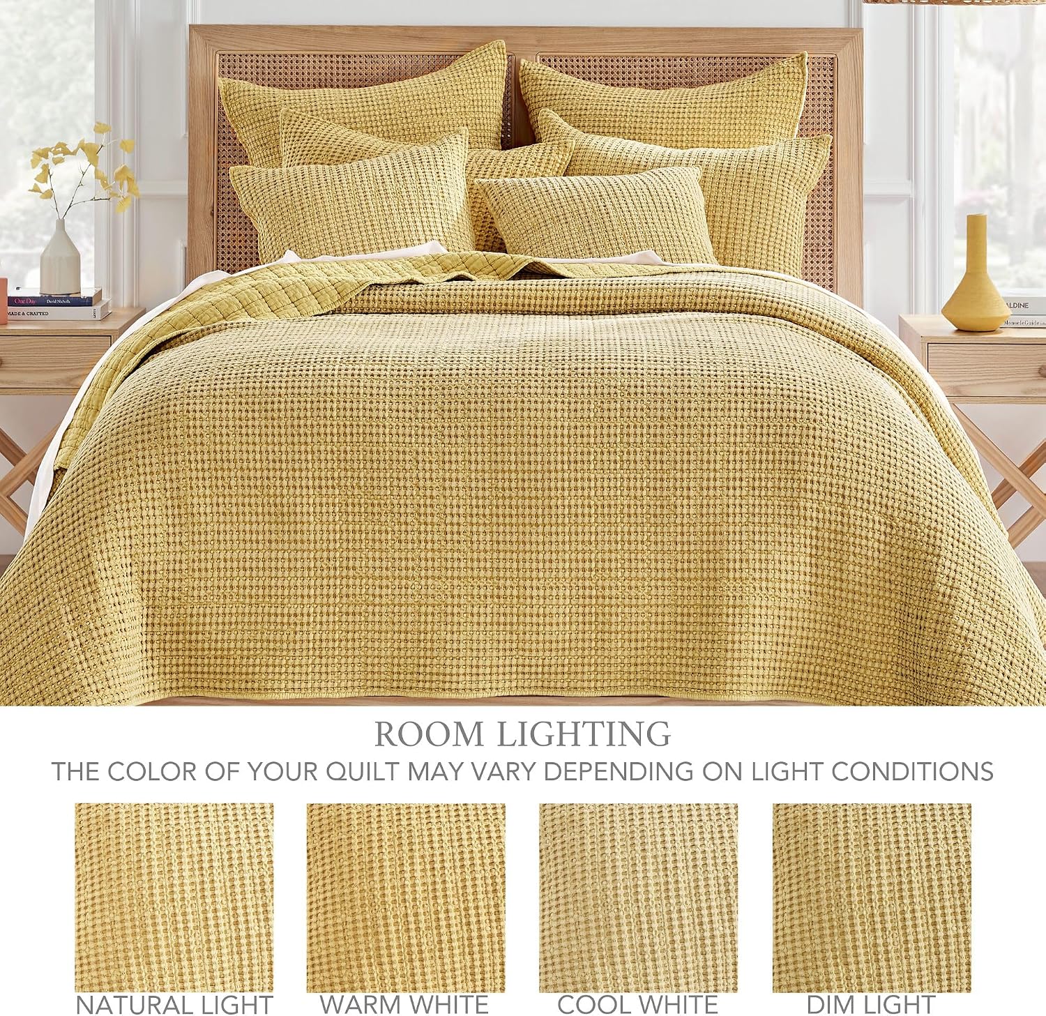 Levtex Home Mills Waffle King Bedspread Set (122x106in) with 2 Pillow Shams (36x20in) - Ochre - Cotton Waffle King Size Bedspread Set - Soft, Pre-Washed