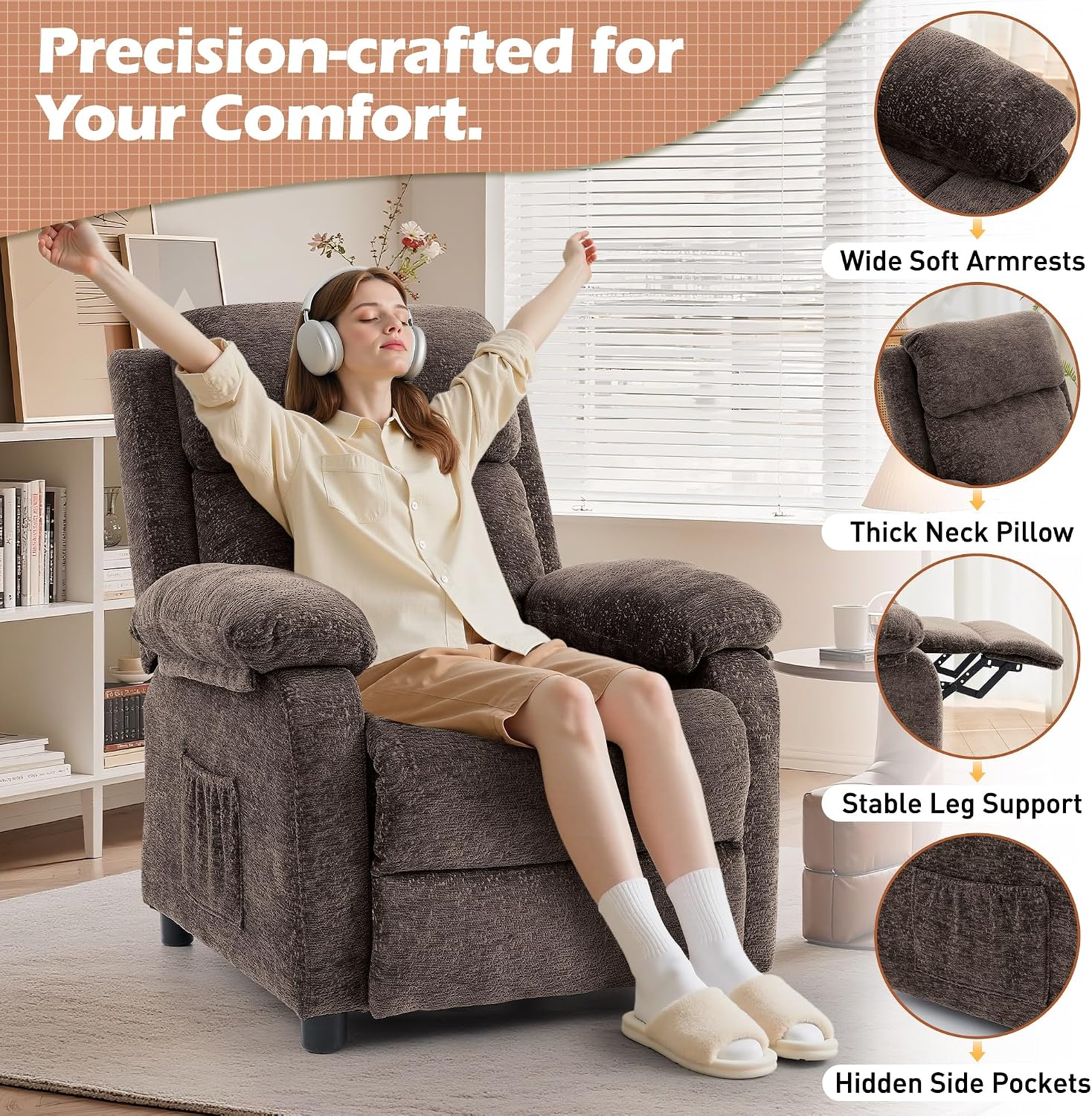 Korser Recliner Chair, Living Room Chairs for Adults, Padded Deep Seat Reading Chair with Side Pockets, Small Recliners for Small Spaces, Lounge Chair for Living Room, Bedroom, and RV (Chenille)
