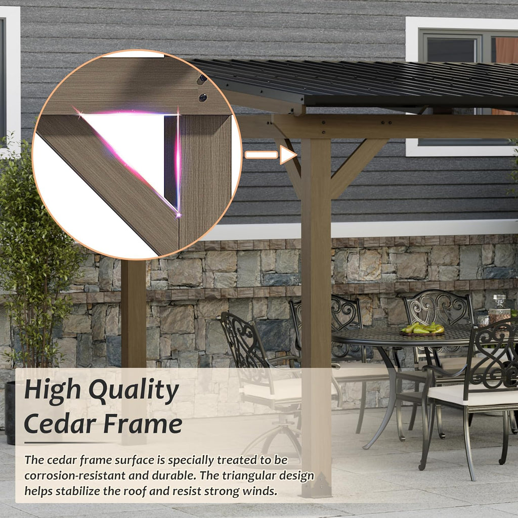 10x12FT Wall Mounted Gazebo Ceder Wood Lean to Gazebo with Sloping Roof Outdoor Hardtop Pergola Awnings with Galvanized Steel Roof for Patio, Deck, Backyard