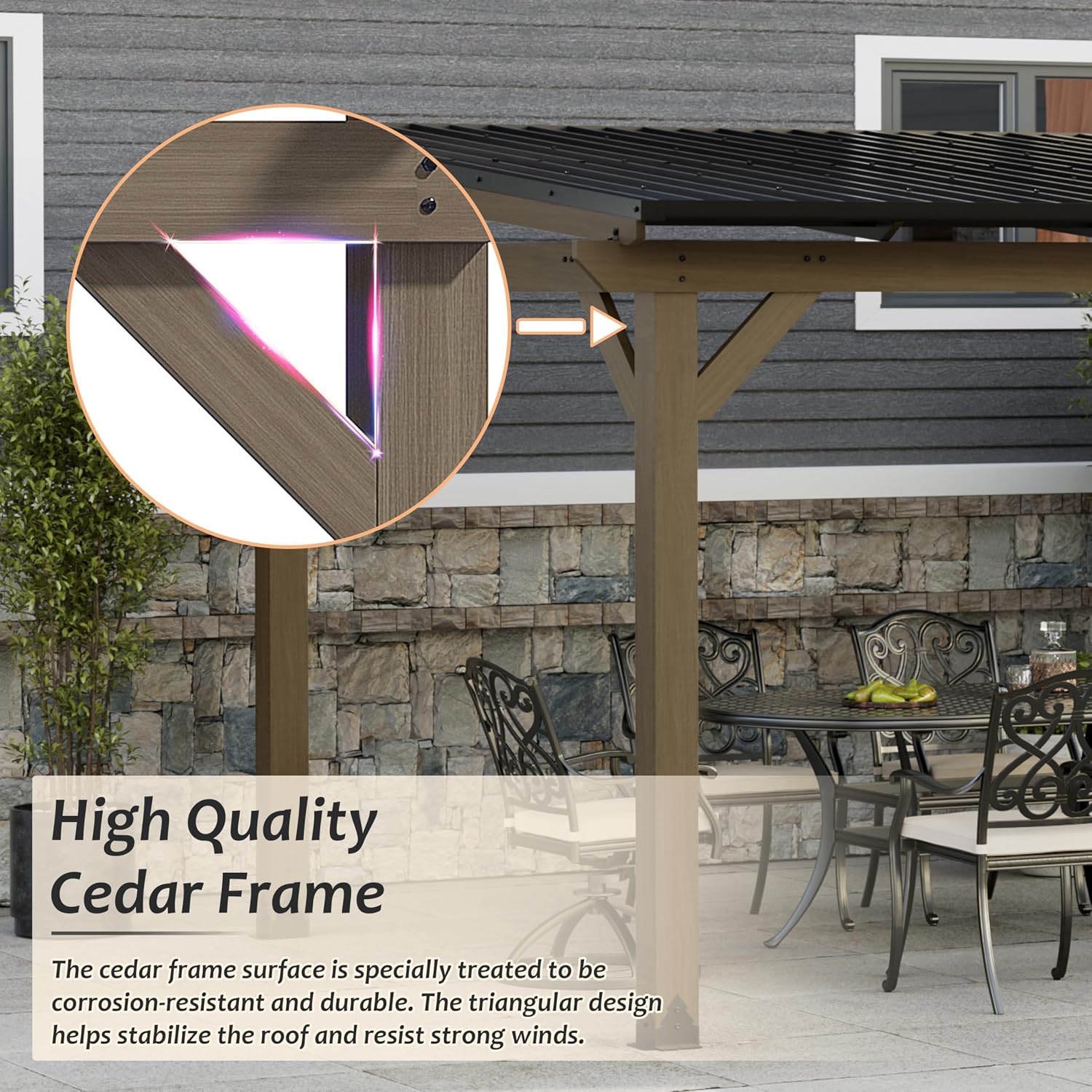 10x12FT Wall Mounted Gazebo Ceder Wood Lean to Gazebo with Sloping Roof Outdoor Hardtop Pergola Awnings with Galvanized Steel Roof for Patio, Deck, Backyard