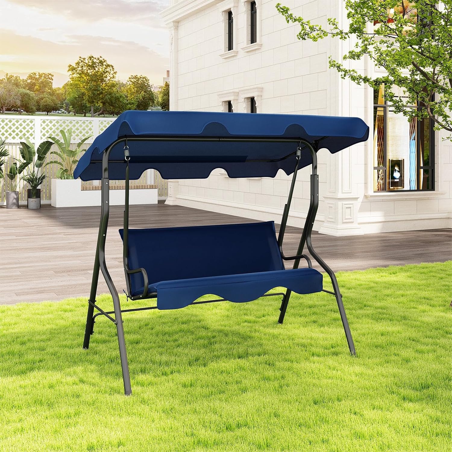 DREAMADE Porch Swing Outdoor, 3 Person Patio Swing w/Removable Cushion, Stand & Adjustable Canopy, Heavy Duty Swing Chair for Patio, Garden, Courtyard, Poolside