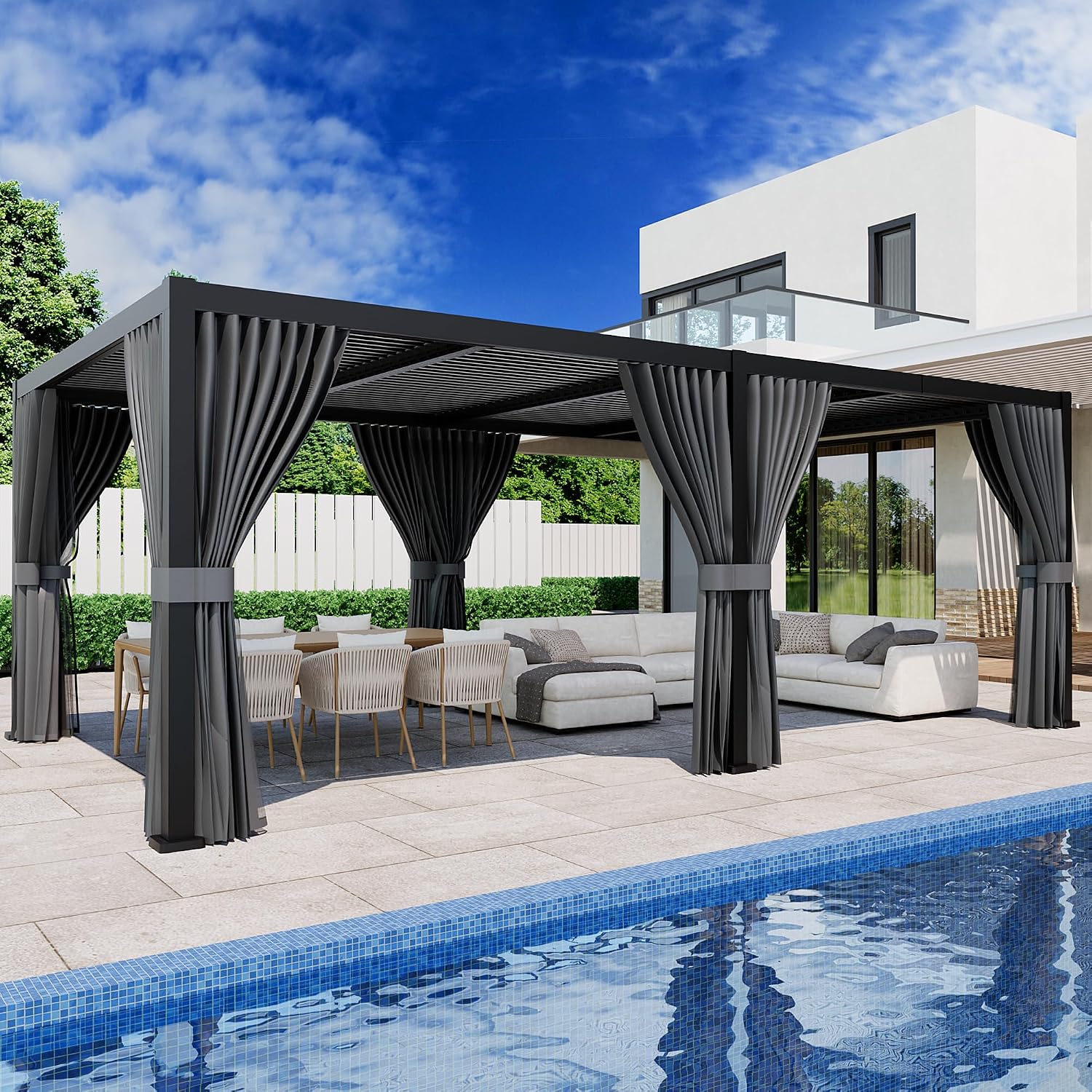 SUNBURY 10'X 20' Louvered Pergola, Aluminum Outdoor Pergola with 4 Adjustable Roof, All-Weather Use, Netting & Privacy Curtains, Waterproof Patio Shade Cover for Patio, Backyard, Lawn, Garden, Black