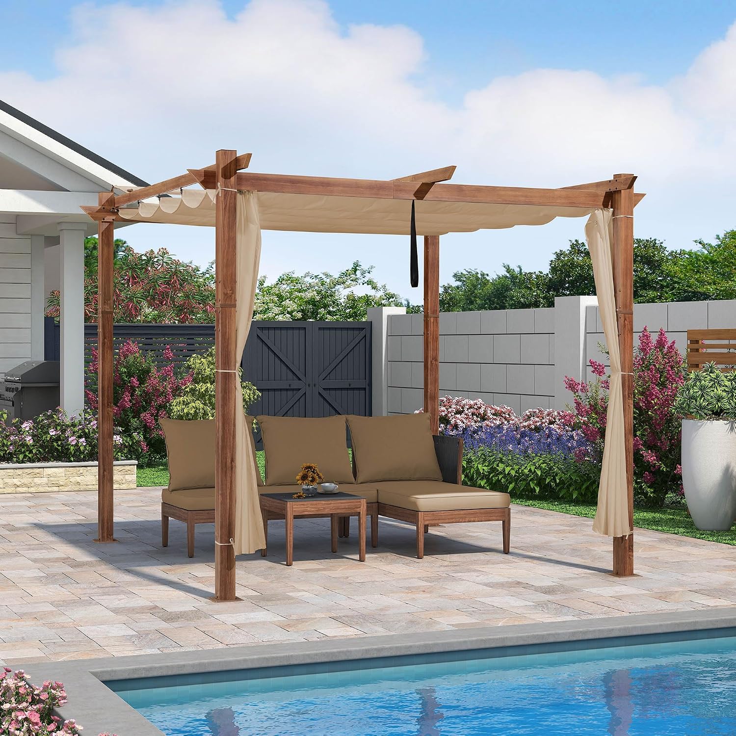 PURPLE LEAF 10' x 10' Outdoor Retractable Pergola Patio Metal Shelter for Garden Porch Beach Pavilion Natural Wood Grain Frame Gazebo Modern Yard Grill Pergola with Shade Canopy Curtains Khaki