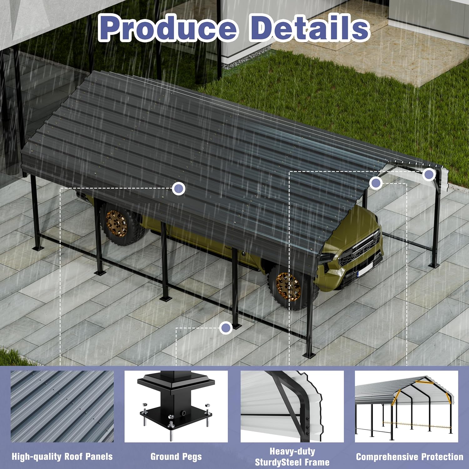 JY QAQA 12 x 20 ft Metal Carport, Heavy Duty Carport Canopy with Galvanized Steel Roof, Outdoor Car Tent Metal Garage Shelter for Car, SUV, Trucks and Boats