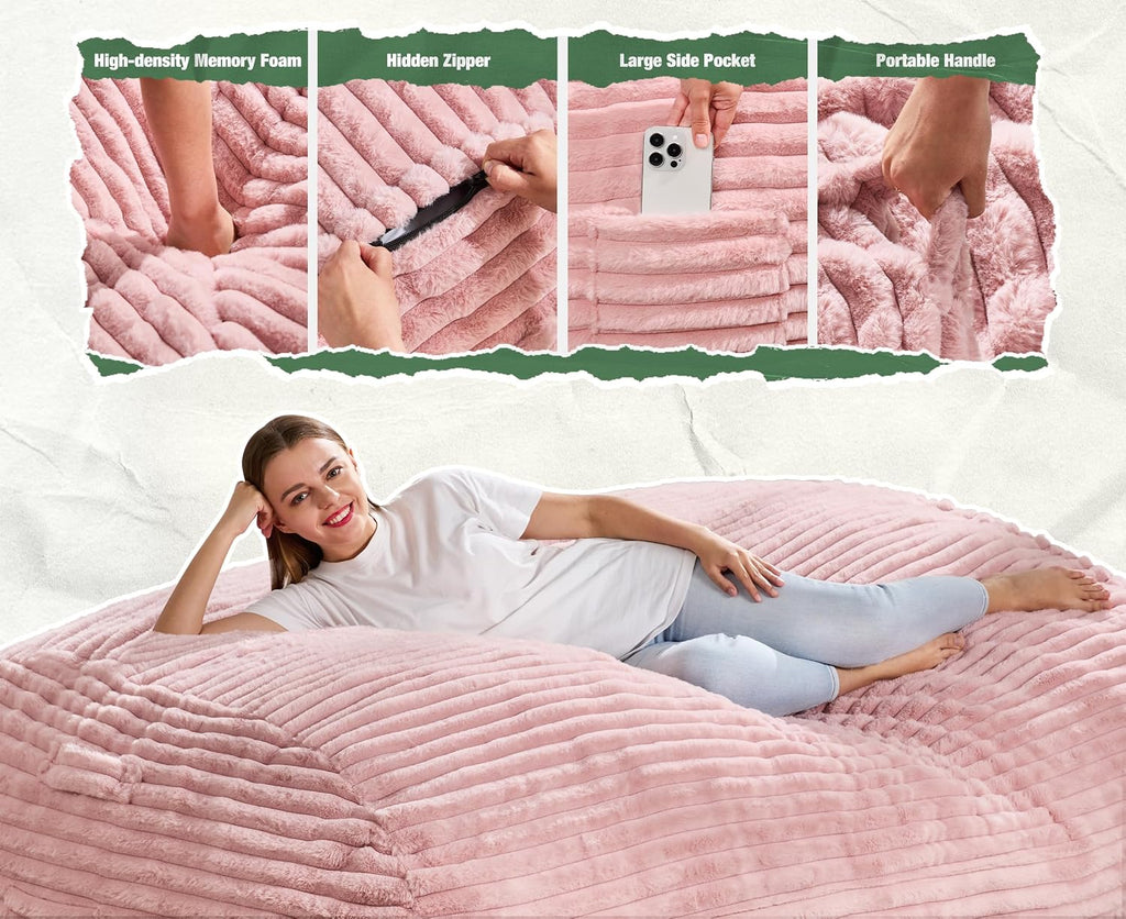 Hobestluk 6FT Bean Bag Chairs Adult Bean Bag with Portable Handle Comfy Large Bean Bag Lounge Chair with Removable Cover for Living Room Bedroom (Stripe Pink, 6FT)
