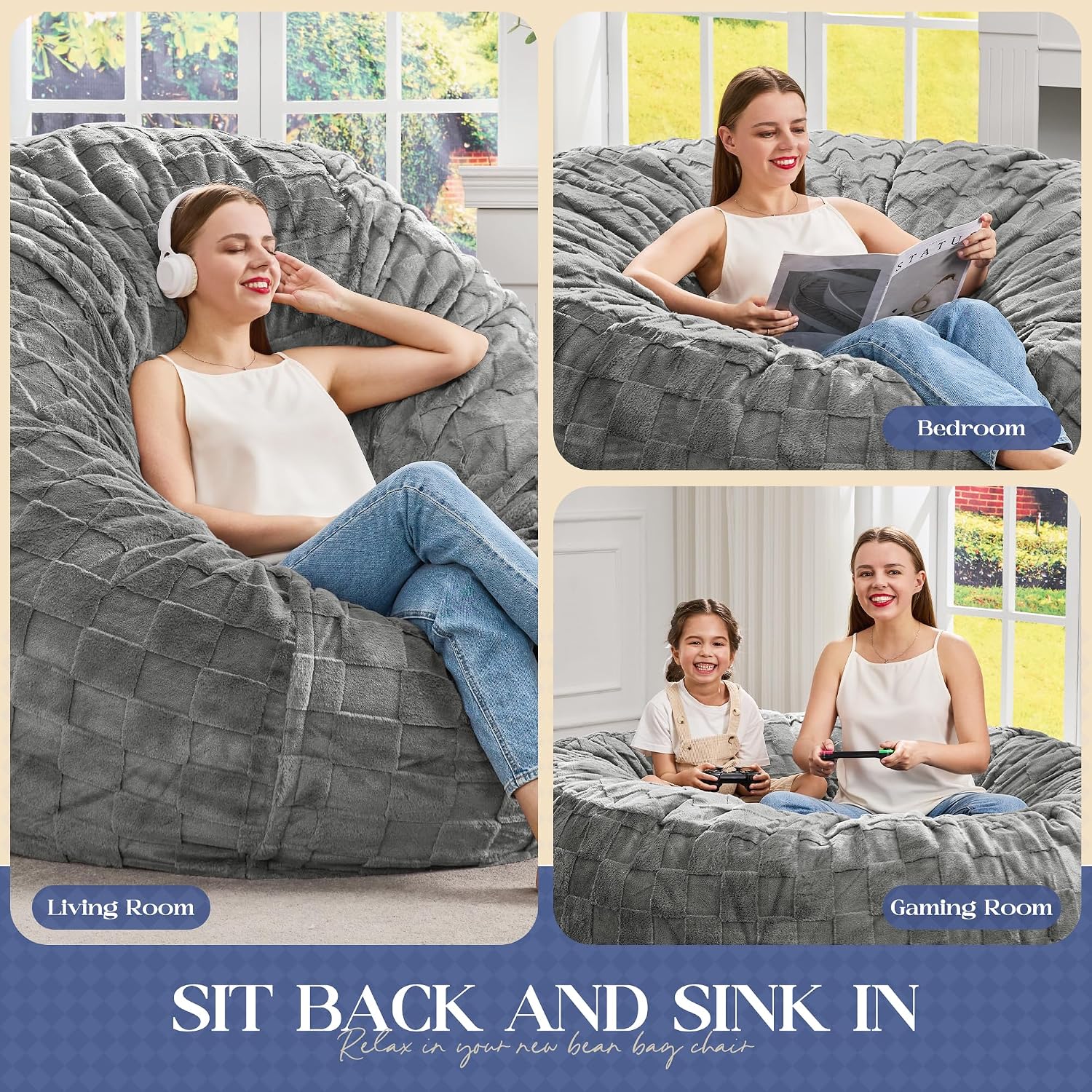 Hobestluk Bean Bag Chairs Beanbag Chair with Filler Adult Bean Bags with Fluffy Cover, Giant Bean Bag Chairs for Aduts for Living Room, Bedroom (Grey, 6FT - 70' x 70' x 15')