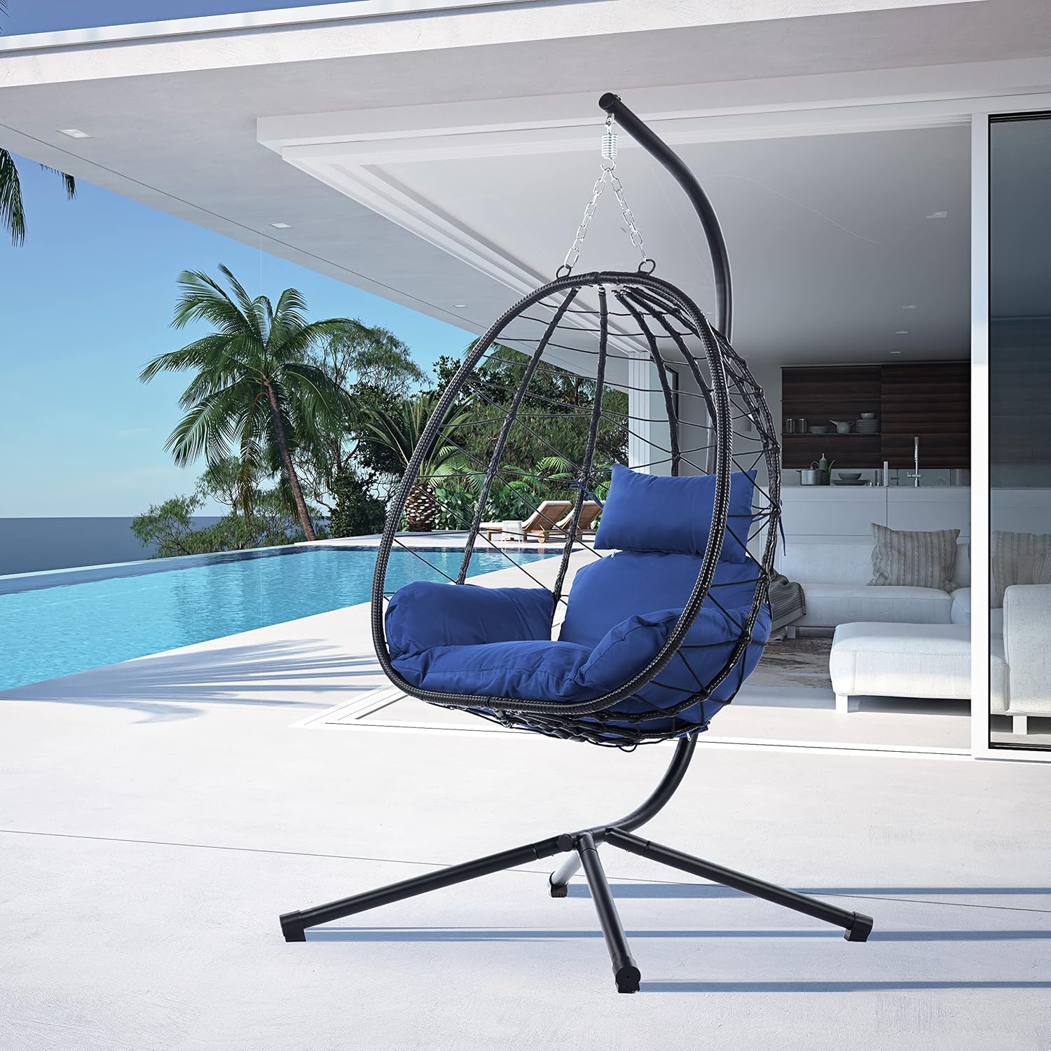 Egg Chair with Stand Indoor Outdoor Swing Chair Patio Wicker Hanging Egg Chair Hanging Basket Chair Hammock Chair with Stand for Bedroom Living Room Balcony