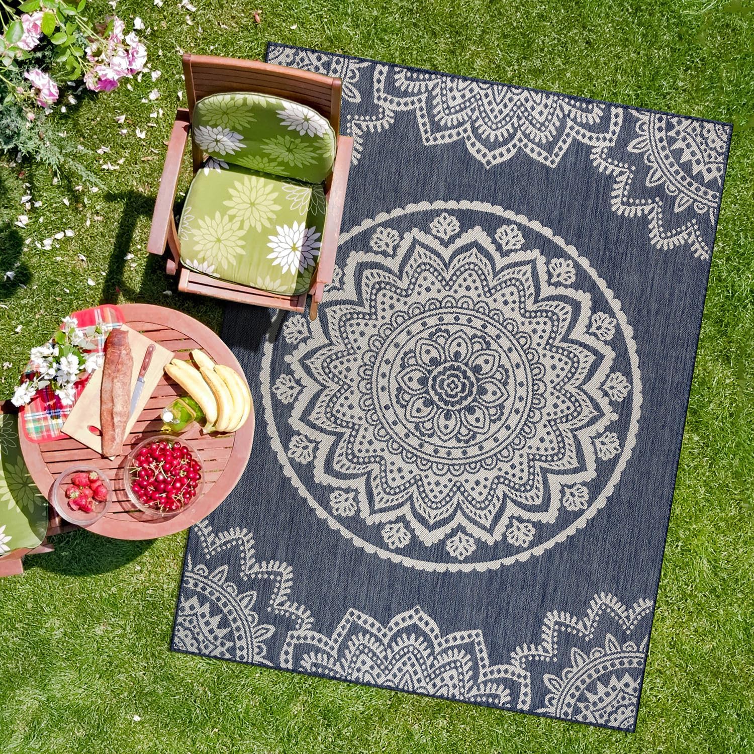 CAMILSON Outdoor Rug 8x10 Modern Area Rugs for Indoor and Outdoor Patios and Porches - Waterproof, Washable, Non-Shedding, Easy-to-Clean Outside Carpet (8 x 10, Medallion - Blue/White)