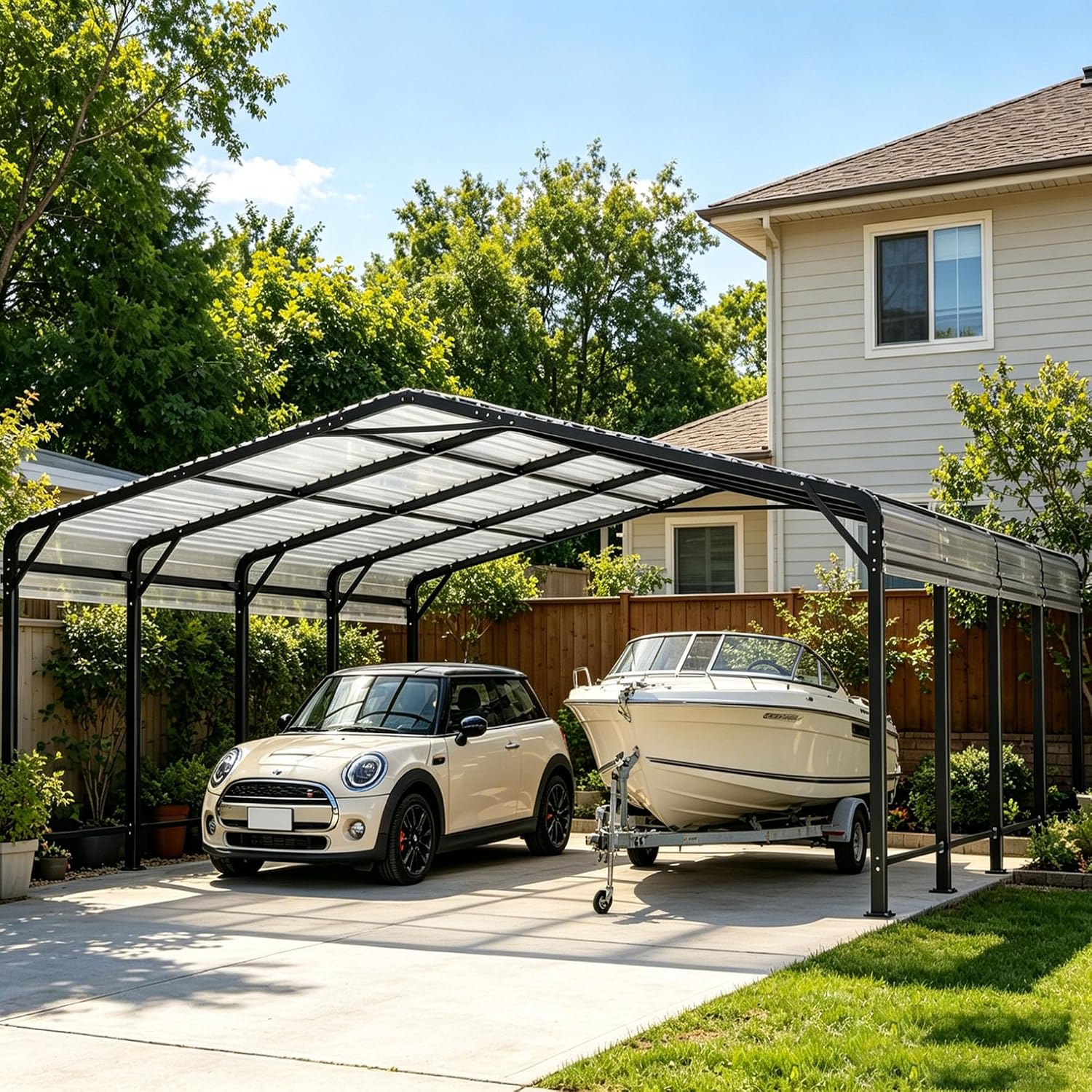 AirWire 20x20 FT Metal Carport with Heavy Duty Carport Canopy, Car Port with Reinforced Base and Five Canopy Beams, 2 Car Garage Shelter for Car, Boats and Truck