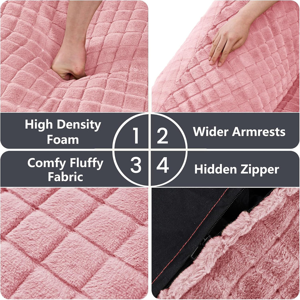 Bean Bag Chairs for Adults, Giant Beanbag Sofa Comfy Reading Chair, Oversized Bean Bag Chairs for Living Room Bedroom, Soft Faux Fur Fabric, 3.2FT, Pink, Checkered