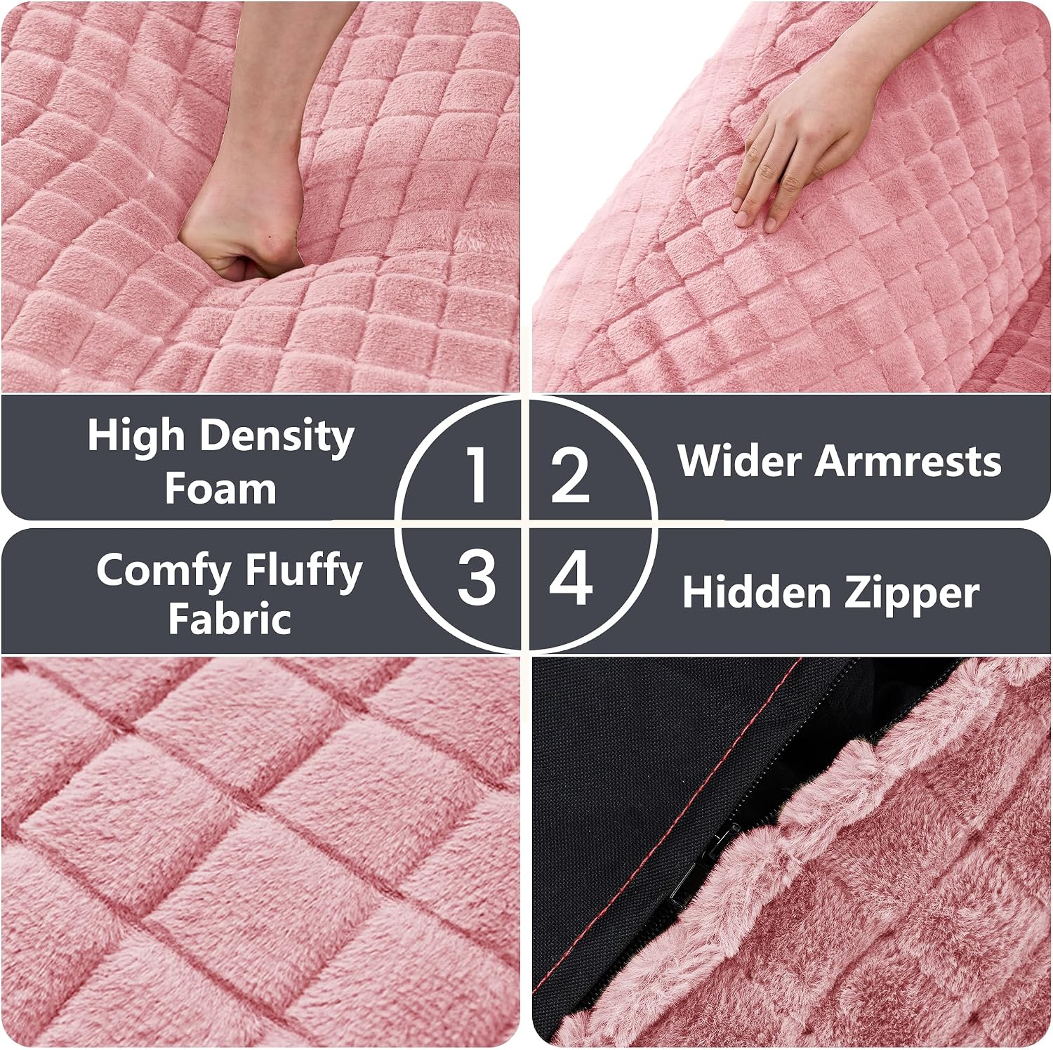 Bean Bag Chairs for Adults, Giant Beanbag Sofa Comfy Reading Chair, Oversized Bean Bag Chairs for Living Room Bedroom, Soft Faux Fur Fabric, 3.2FT, Pink, Checkered