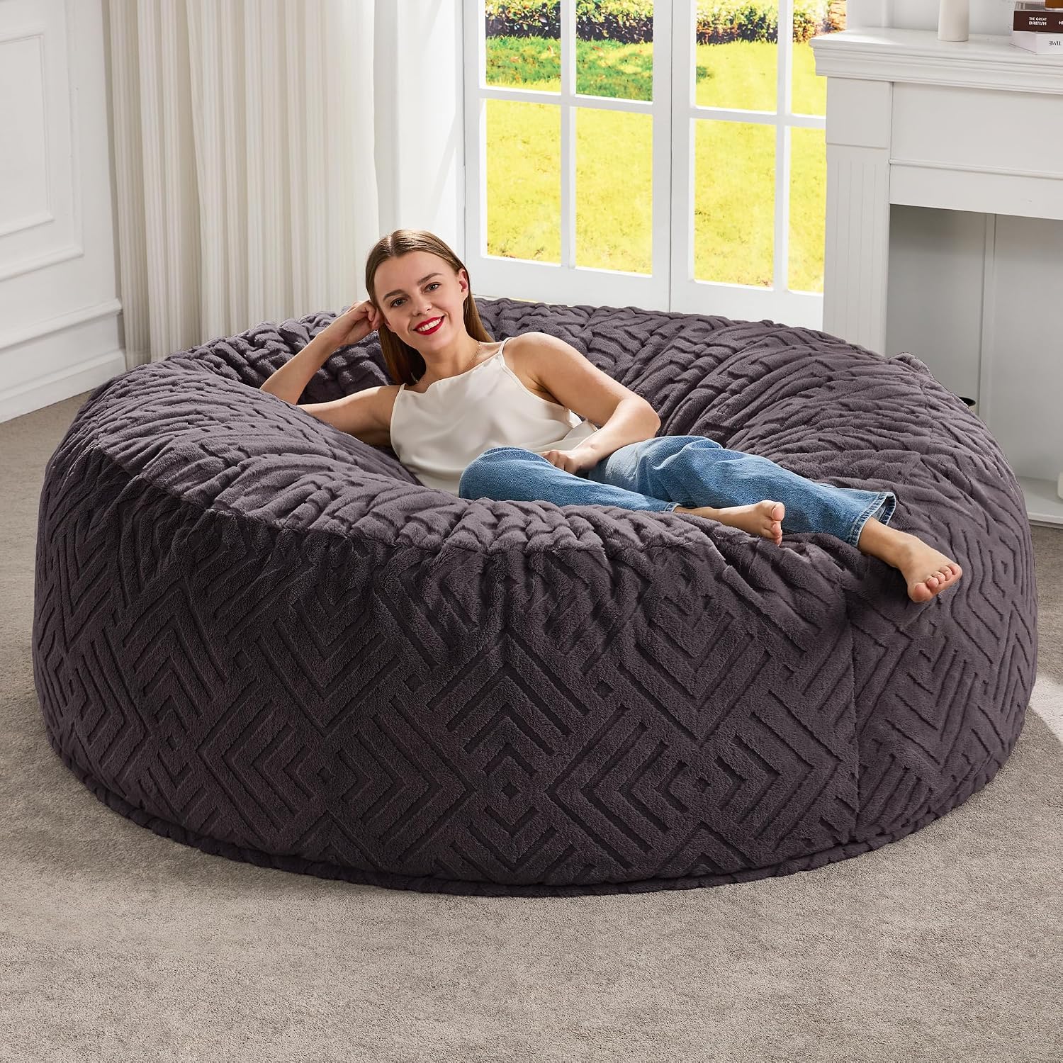 Hobestluk Bean Bag Chairs Adults Beanbag Chair with Filler Large Bean Bags with Fluffy Embossed Cover, Giant Bean Bag Chairs for Adults (Dark Grey, 5FT - 50' x 50' x 24')