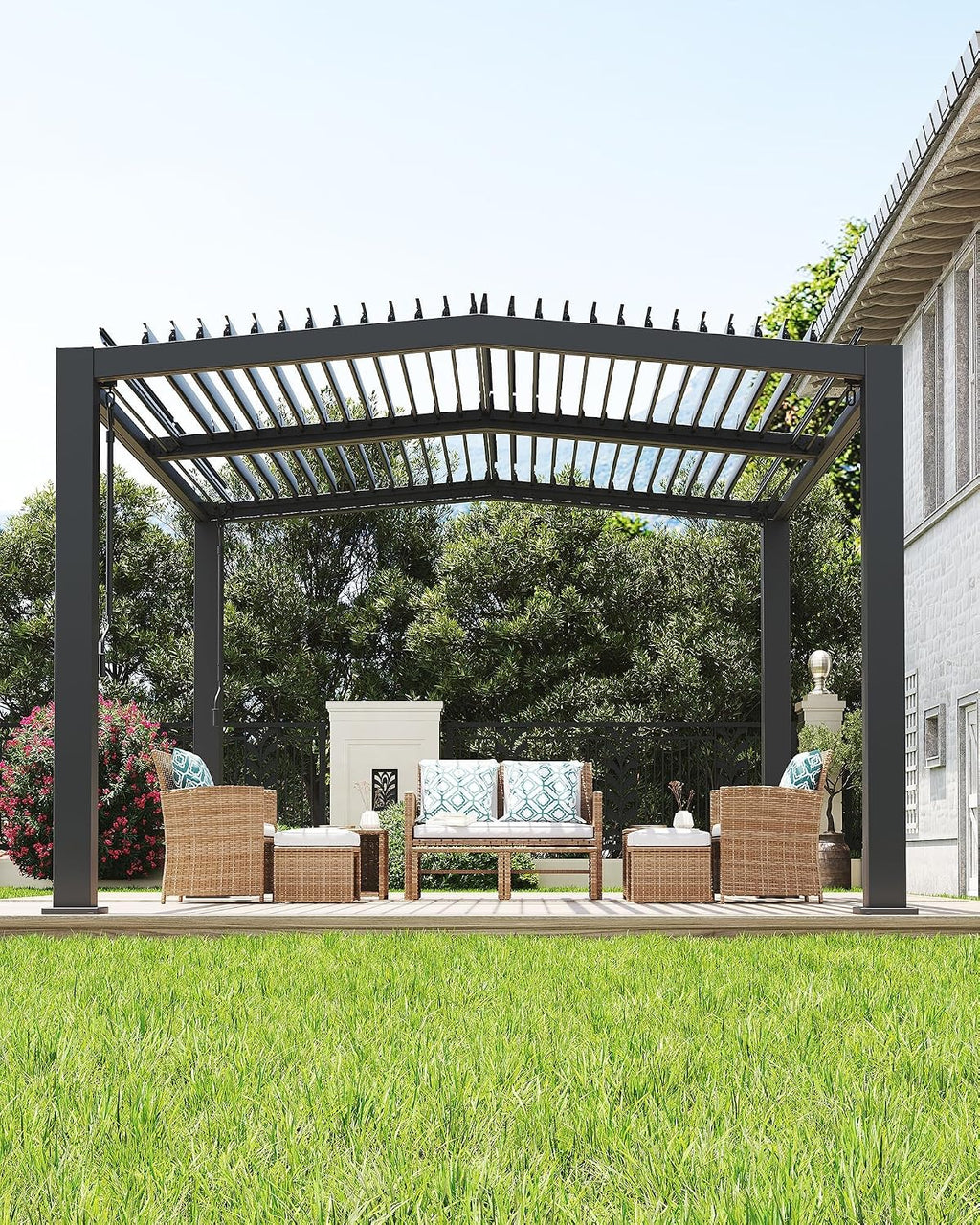 Louvered Pergola 11 Ft x 13 Ft, Outdoor Pergola with Adjustable Louvered Roof, Reinforced Aluminum Frame, Integrated Drainage System, Hardtop Gazebo for Patio, Deck, Wood Grain
