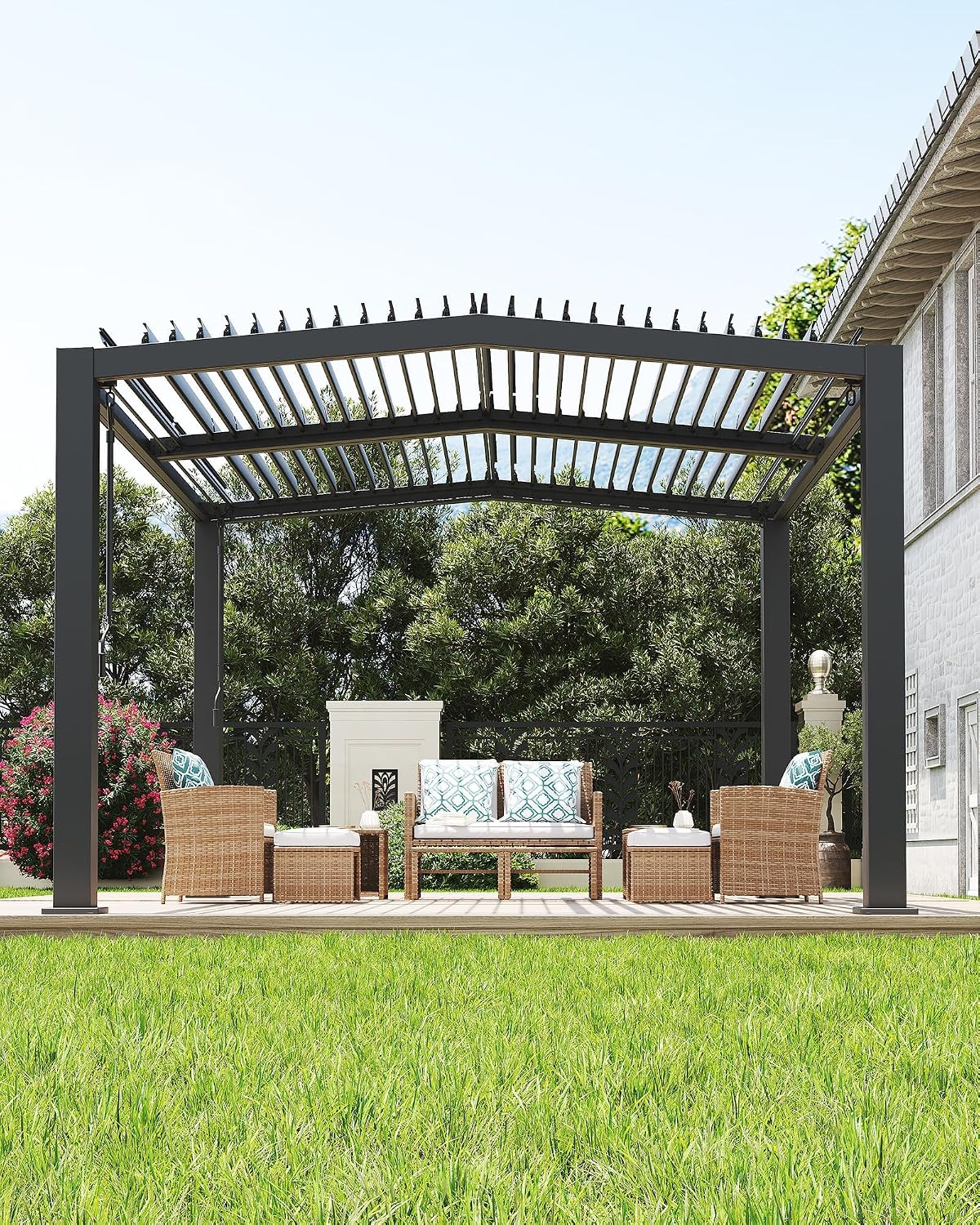 Louvered Pergola 11 Ft x 13 Ft, Outdoor Pergola with Adjustable Louvered Roof, Reinforced Aluminum Frame, Integrated Drainage System, Hardtop Gazebo for Patio, Deck, Wood Grain