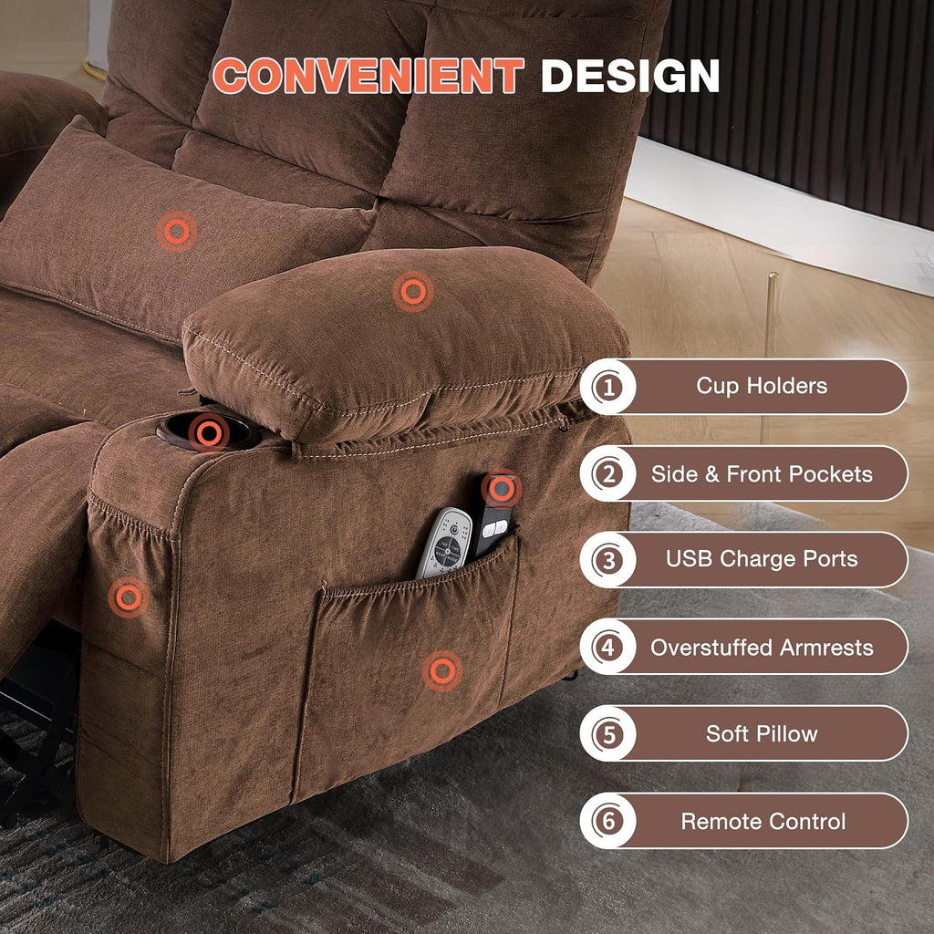 MAHOMICO Power Lift Recliner Chair for Elderly with Vibration Massage and Lumbar Heating, Electric Lift Recliner Single Sofa with Side Pocket, Two Cup Holders and USB Charge Port for Living Room