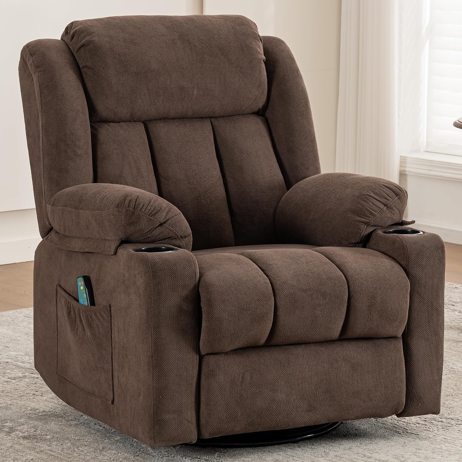 Ketaiyou Rocker Swivel Recliner Chair for Adults, Overstuffed Large Manual Recliner Glider with Massage and Heat, Comfy Soft Fabric Living Room Reclining Sofa Chair (Cocoa1)