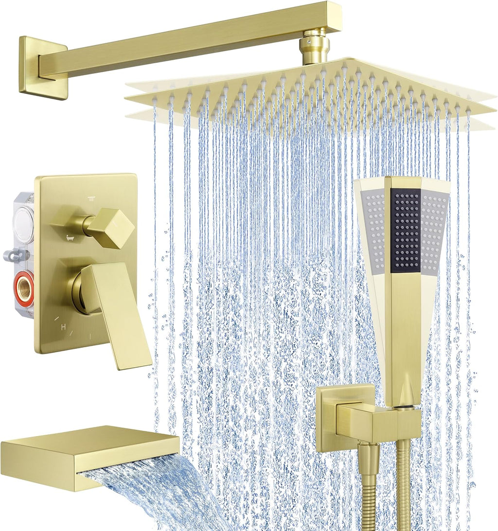 KES Brushed Gold Shower System with Tub Spout, Pressure Balanced Bath Tub Shower Faucet Set Complete with Valve, Shower System with Rain Shower Head with Handheld, XB6305F18-BZ