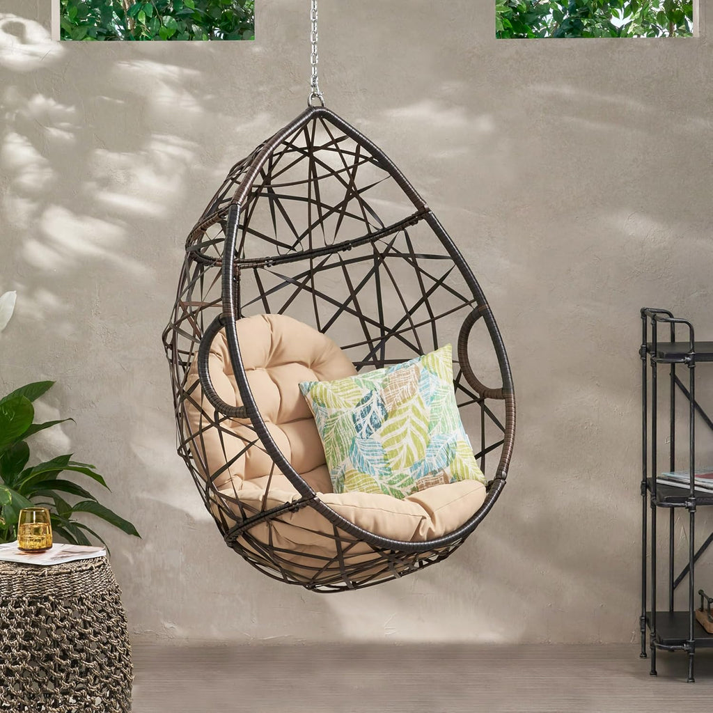 Wicker Egg Chair Outdoor with Cuhsion, Indoor Rattan Hanging Swing Egg Chair Without Stand for Bedroom Living Room, Patio Lounge Chairs for Balcony Backyard, Metal Frame, Brown