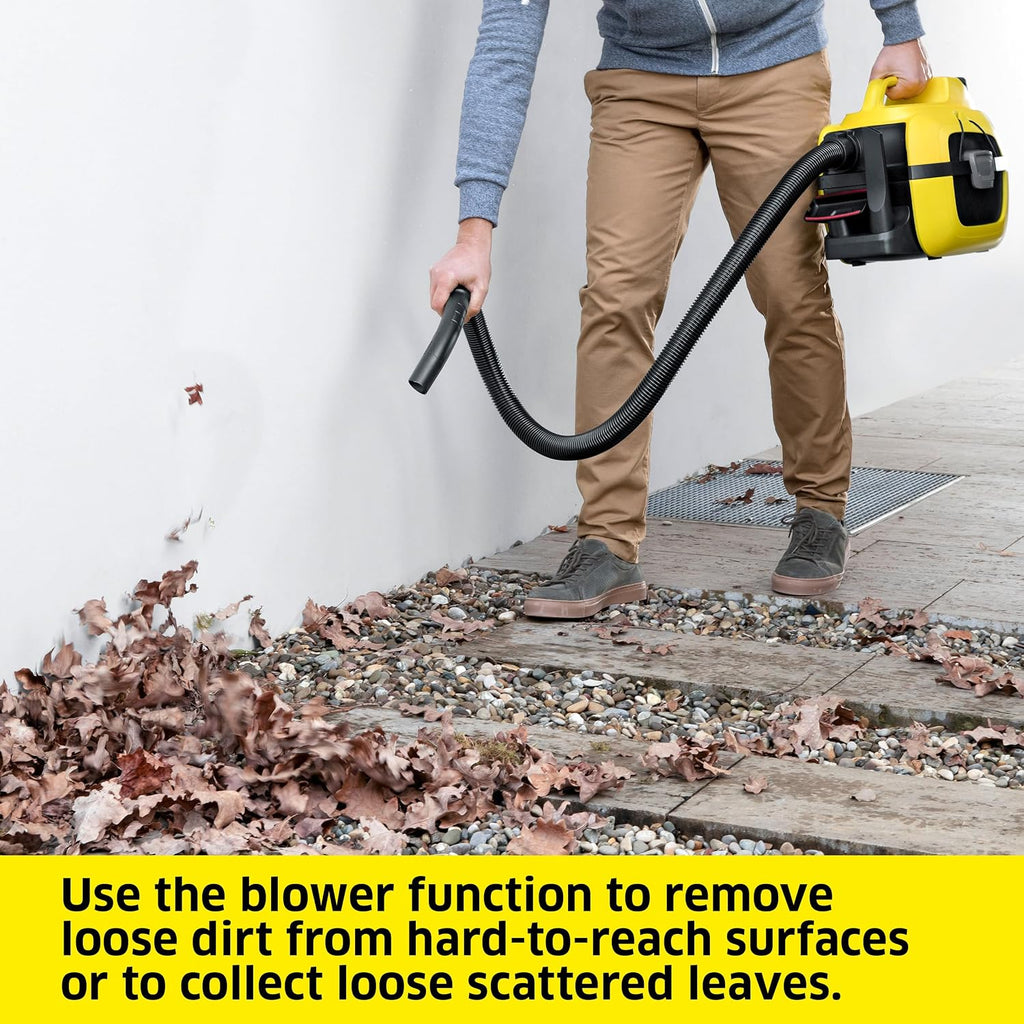 Kärcher WD 1 Compact Battery Powered Wet Dry Shop Vacuum Cleaner Ideal for Car Cleaning with Attachments, Multi Purpose – Blower Feature, Compact Space-Saving Design, Portable (Tool Only)