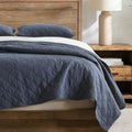 HORIMOTE HOME 55% Linen Front/100% Cotton Back Quilt Set King Size, Steel Blue Pre-Washed Cotton Linen Quilt Set, Geometric Stitched Pattern Bedspread Coverlet Bedding Set 3-Piece for All Seasons