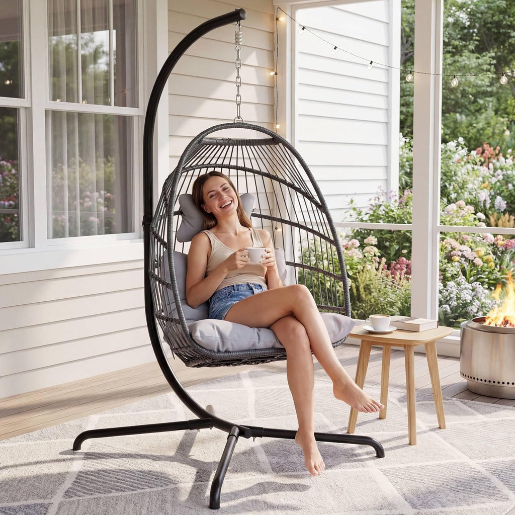 BULEXYARD Patio Egg Chair for Outside, Foldable Eggshell Swing with Stand, 350 Lbs Cushioned Hammock Chair with Comfy, Water-Resistant Wicker Hanging Basket for Balcony Garden Bedroom, Light Grey