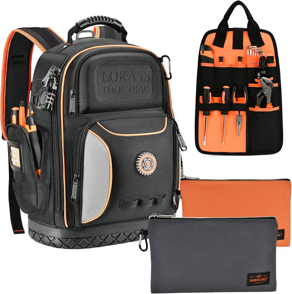 Tool Bag Backpack with 2 Canvas Tool Pouch Tool Kit, 75 Pockets & Loops Heavy Duty Tools Organizer/HVAC Tool Carrier for Eelectrician/Construction Work with Molded Base and Combination Lock, Black
