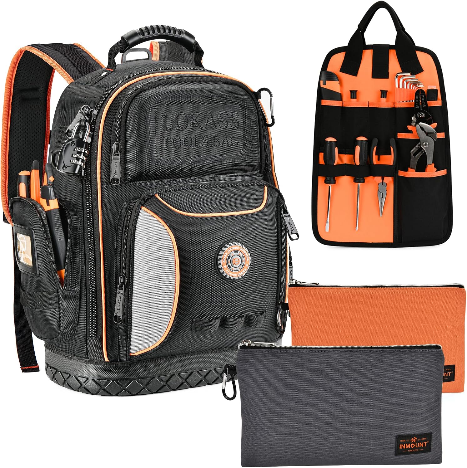 Tool Bag Backpack with 2 Canvas Tool Pouch Tool Kit, 75 Pockets & Loops Heavy Duty Tools Organizer/HVAC Tool Carrier for Eelectrician/Construction Work with Molded Base and Combination Lock, Black