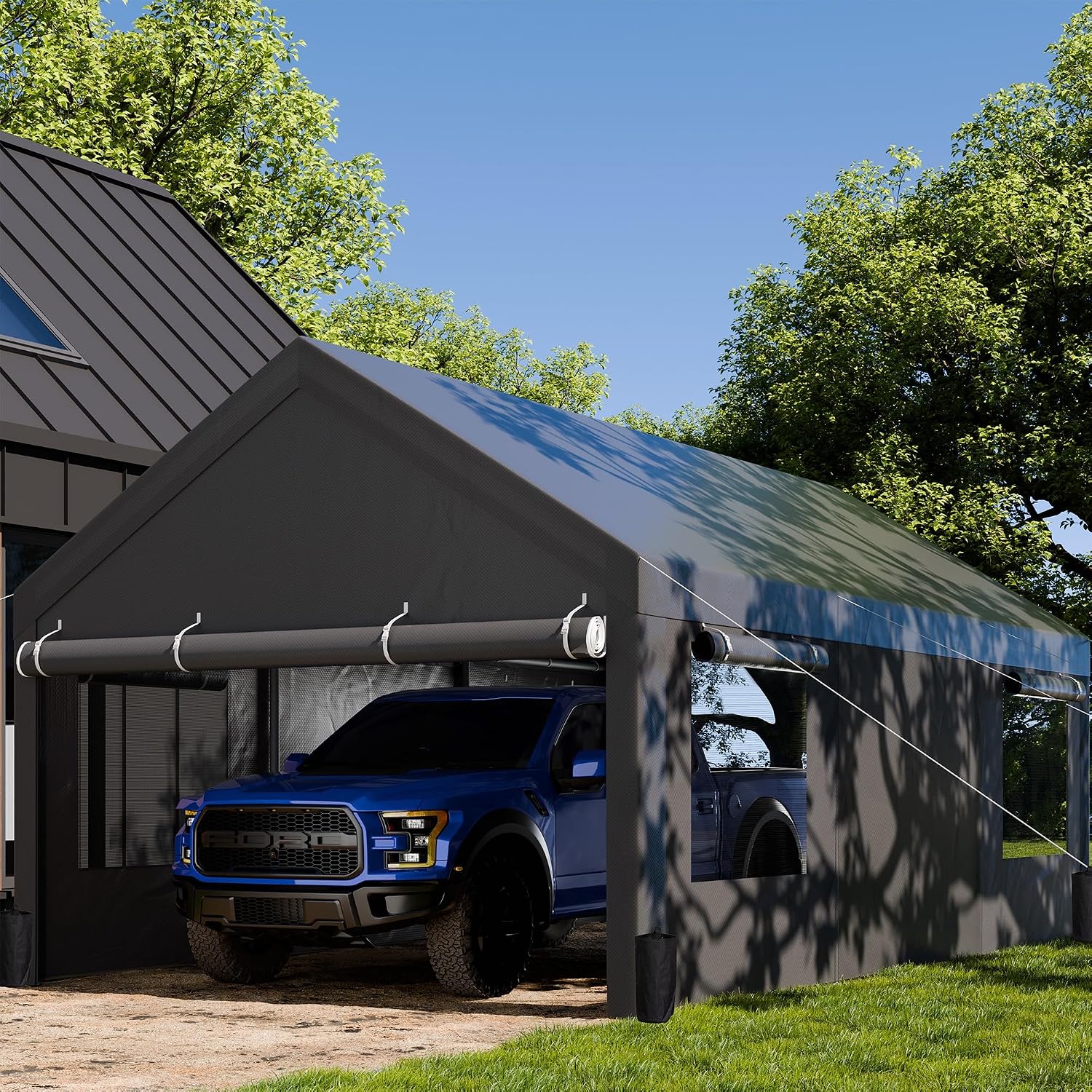JAMFLY Carport, 12x20 ft Heavy Duty Carport with Roll-up Windows, Portable Garage with Removable Sidewalls & Doors, Car Canopy with Sandbags and All-Season Tarp for Car Boat Truck Motorcycle, Grey