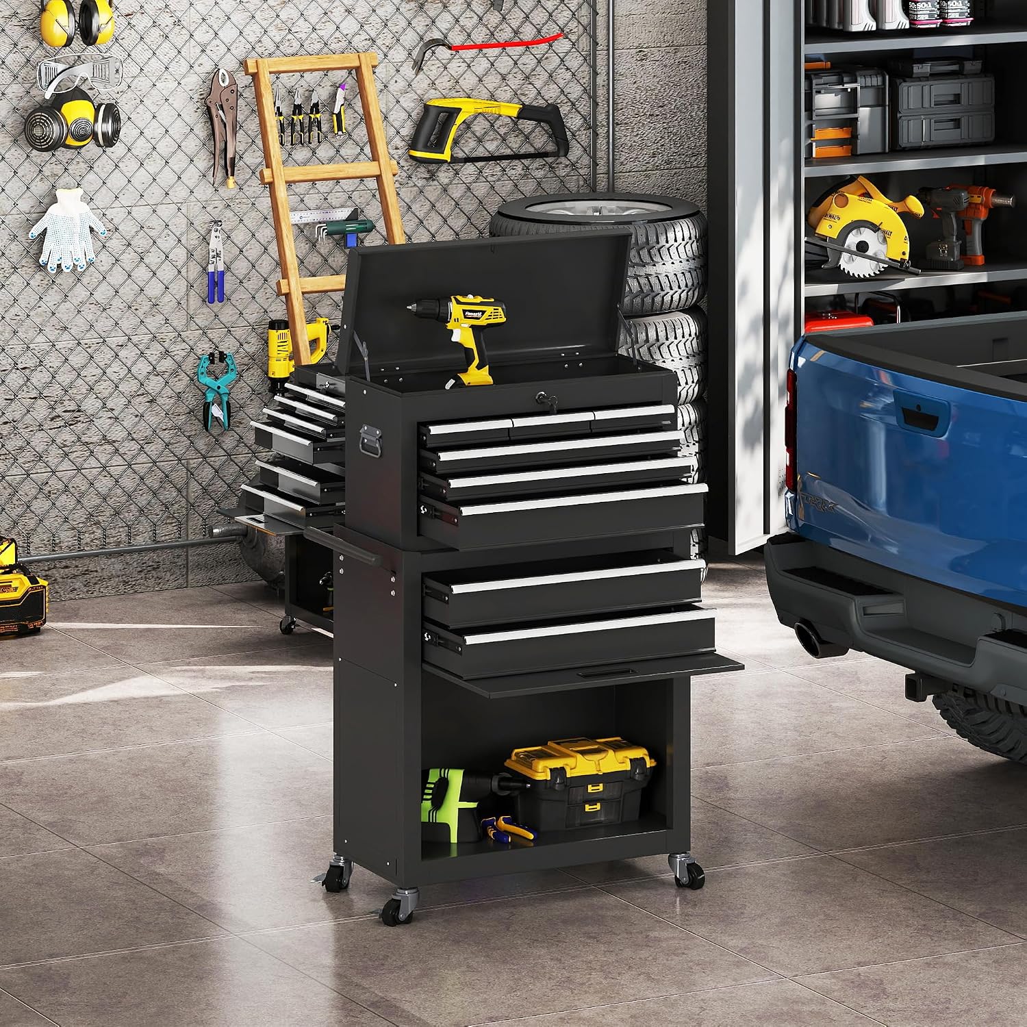 Tool Chest, 8 Drawers Rolling Tool Cabinet, Removable Cabinet Storage Tool Box with Hooks and Liners,Universal Lockable Wheels
