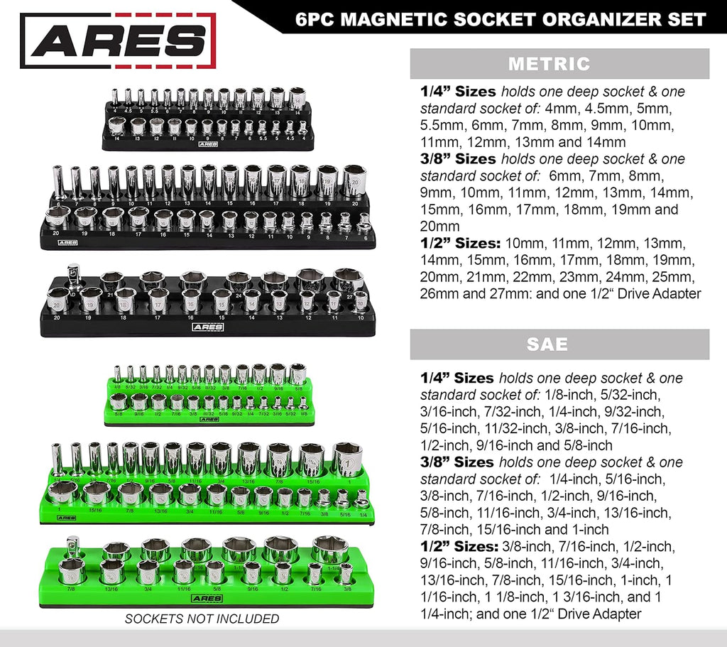 ARES 60160-6-Piece Magnetic Socket Organizers - Metric and SAE Set Black and Green -1/4 in, 3/8 in, 1/2 in Socket Holders -143 Pieces of Standard (Shallow) and Deep Sockets -Organize Your Tool Box