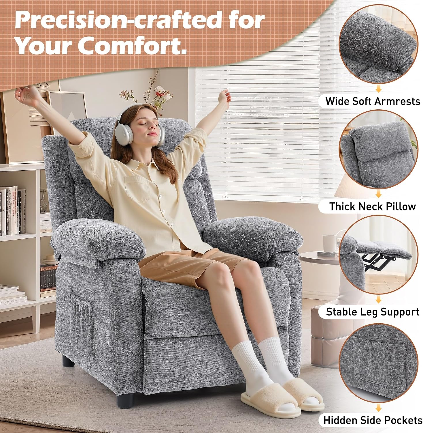 Korser Recliner Chair, Living Room Chairs for Adults, Padded Deep Seat Reading Chair with Side Pockets, Small Recliners for Small Spaces, Lounge Chair for Living Room, Bedroom, and RV (Chenille)
