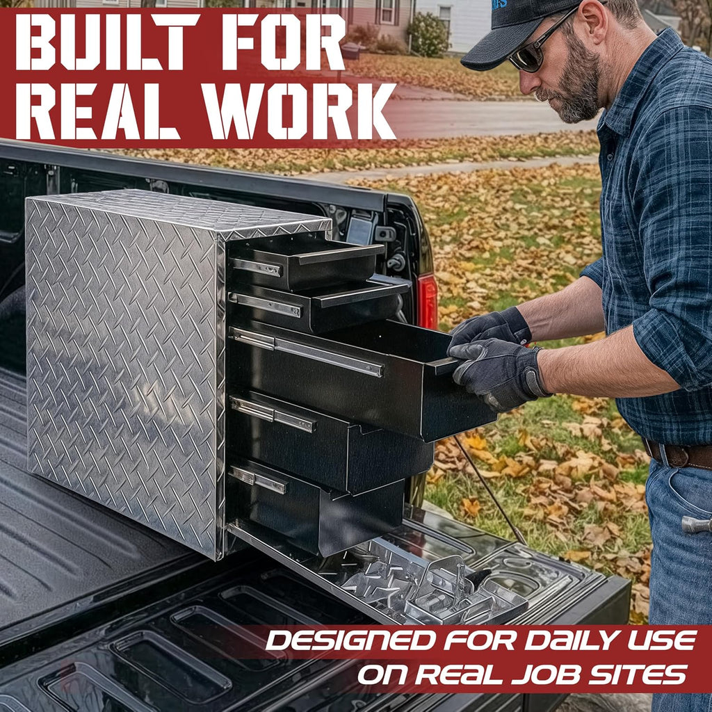 Truck Bed Tool Box with 5-Drawer Slides | Lockable Heavy-Duty Tool Chest Storage for Pickup, Jobsite & Side Trucks | 8-Inch Toolbox with Key (Silver Aluminum - T Handle)