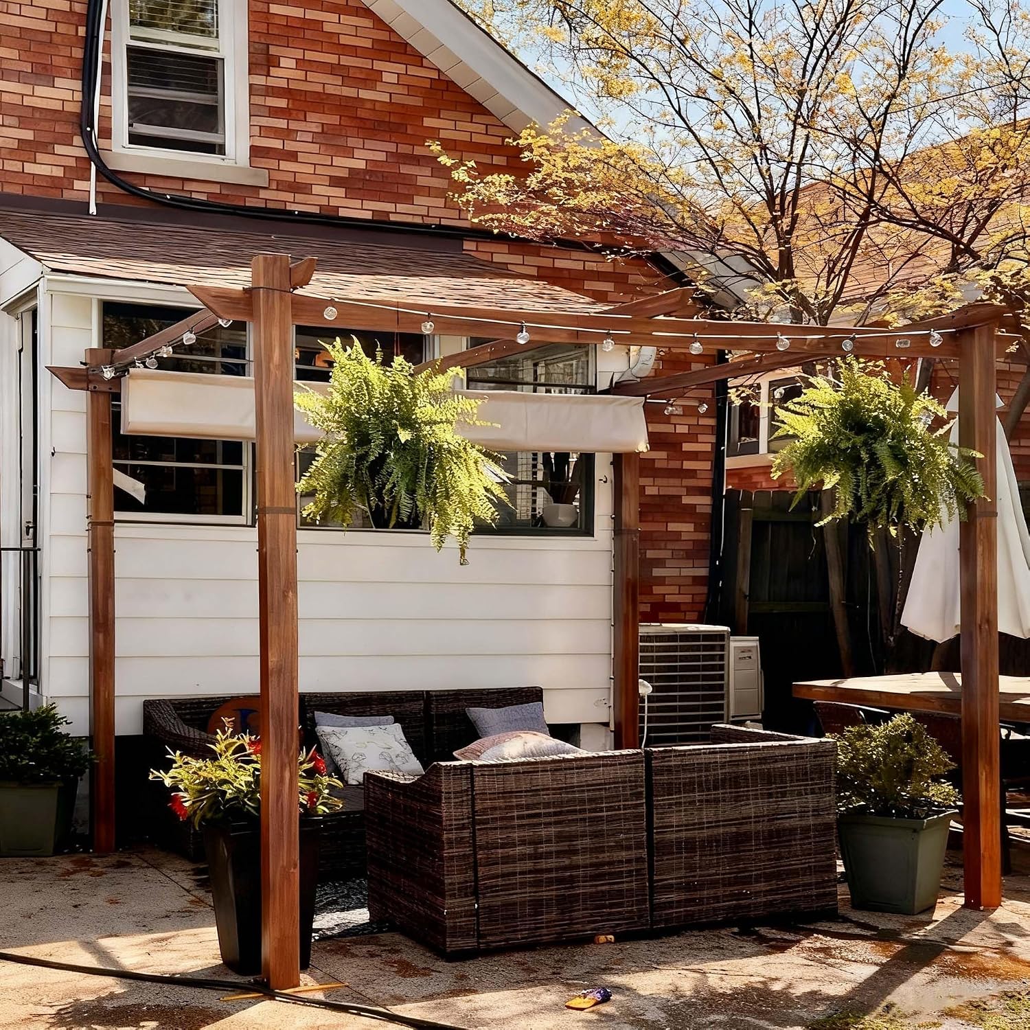 PURPLE LEAF 10' x 10' Outdoor Retractable Pergola with Sun Shade Canopy Patio Metal Shelter for Garden Porch Pavilion Natural Wood Grain Frame Modern Yard Grill Pergola with 12 LED Lights Khaki