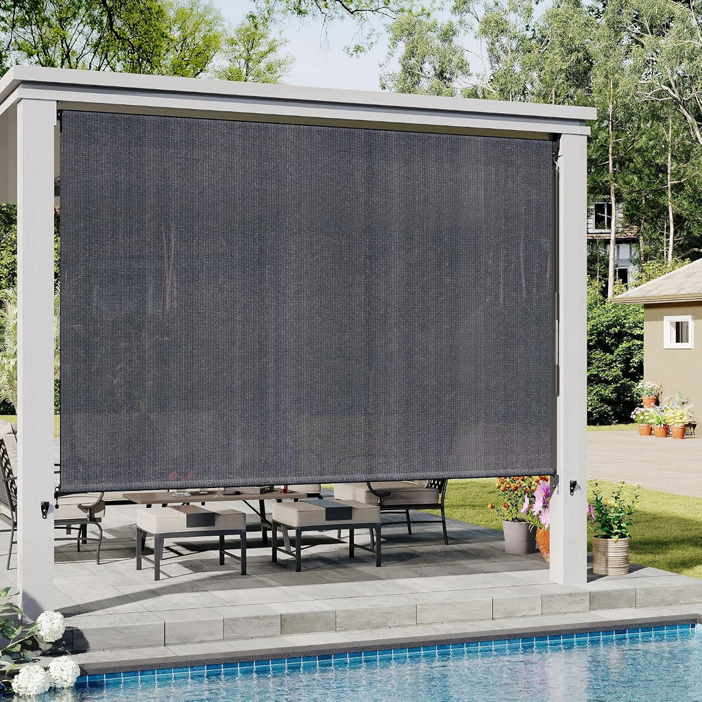 VICLLAX Outdoor Roller Shade (10' W×8' L), Patio Cordless Roller Blinds, Exterior Roll Up Shade with Spliced Design for Patio Porch Gazebo, Grey
