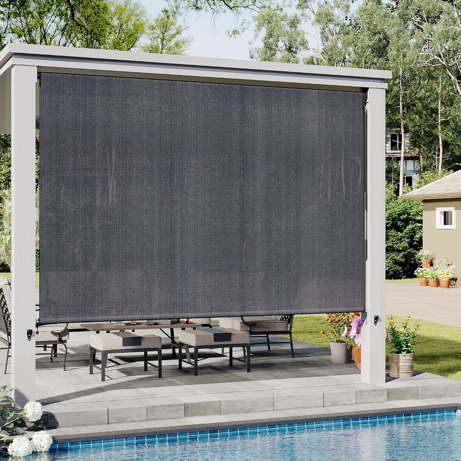VICLLAX Outdoor Roller Shade (10' W×8' L), Patio Cordless Roller Blinds, Exterior Roll Up Shade with Spliced Design for Patio Porch Gazebo, Grey