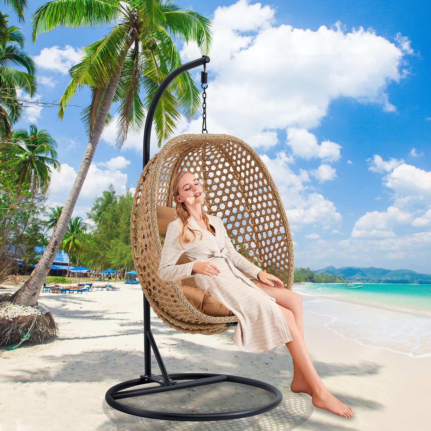 Hanging Egg Chair with Stand & Cushions, Outdoor and Indoor Hammock Rattan Swing Chair 350 lbs Capacity with Aluminum Steel Frame for Patio, Balcony, Backyard and Living Spaces (Light Brown)