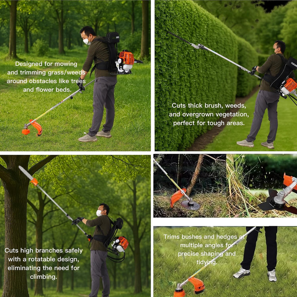 52cc 2-Cycle Backpack Gas Multi-Trimmer | 4-in-1 String Trimmer w/Rotatable Pole Saw, Weed Eater Weed Wacker, Brush Cutter & Hedge Trimmer Gas for Lawn, Yard, Garden Care, All-in-one Garden Tool