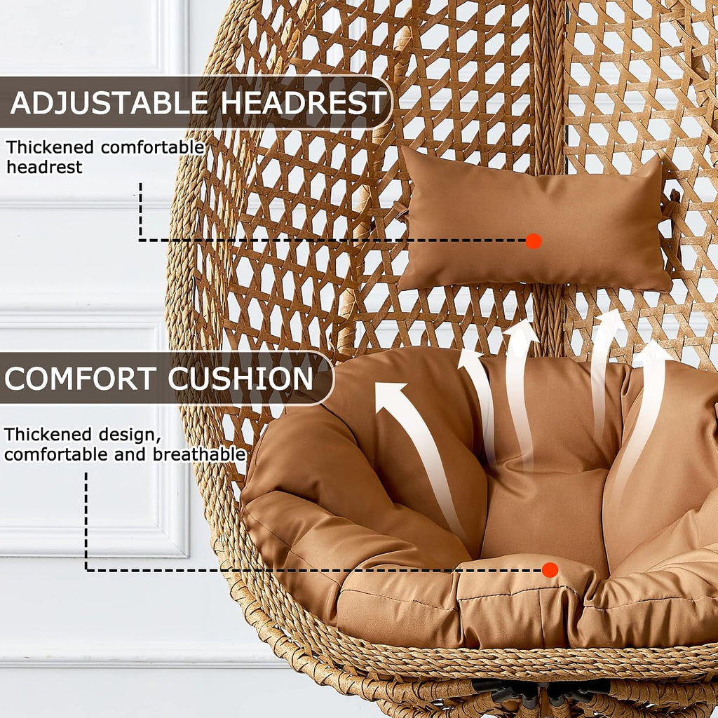Hanging Egg Chair with Stand & Cushions, Outdoor and Indoor Hammock Rattan Swing Chair 350 lbs Capacity with Aluminum Steel Frame for Patio, Balcony, Backyard and Living Spaces (Light Brown)
