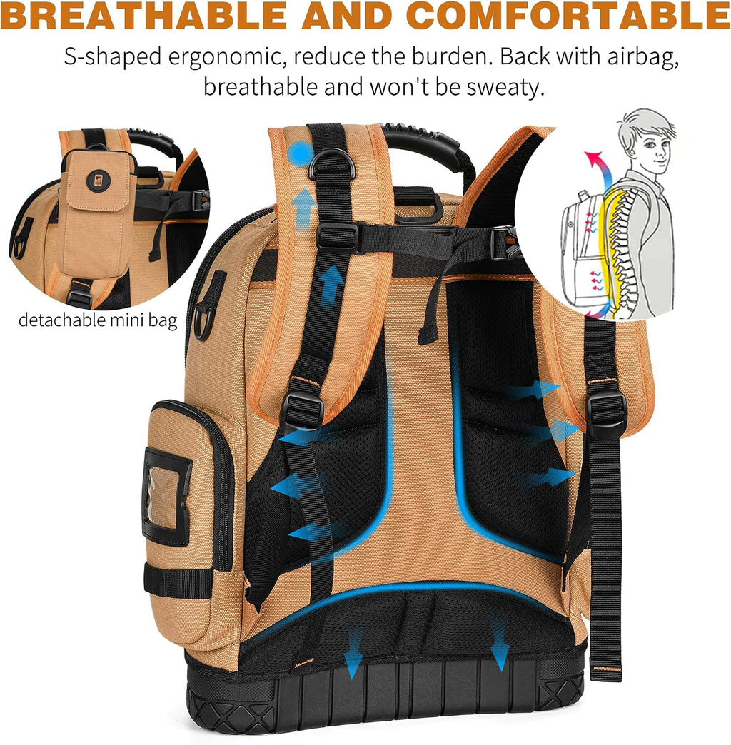 Tool Bag Backpack with 2 Canvas Tool Pouch Tool Kit, 75 Pockets & Loops Heavy Duty Tools Organizer/HVAC Tool Carrier for Eelectrician/Construction Work with Molded Base and Combination Lock, Brown