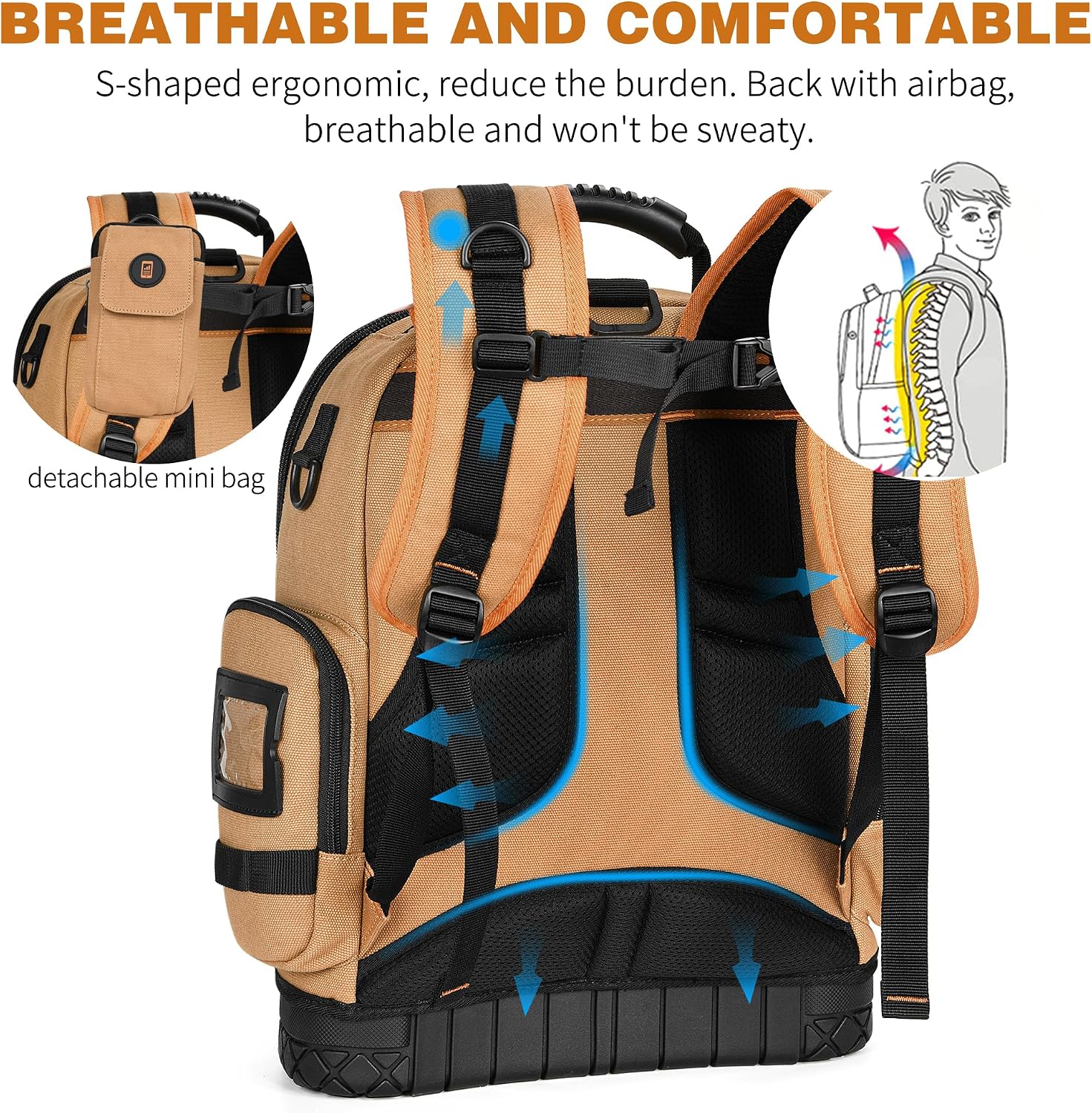 Tool Bag Backpack with 2 Canvas Tool Pouch Tool Kit, 75 Pockets & Loops Heavy Duty Tools Organizer/HVAC Tool Carrier for Eelectrician/Construction Work with Molded Base and Combination Lock, Brown